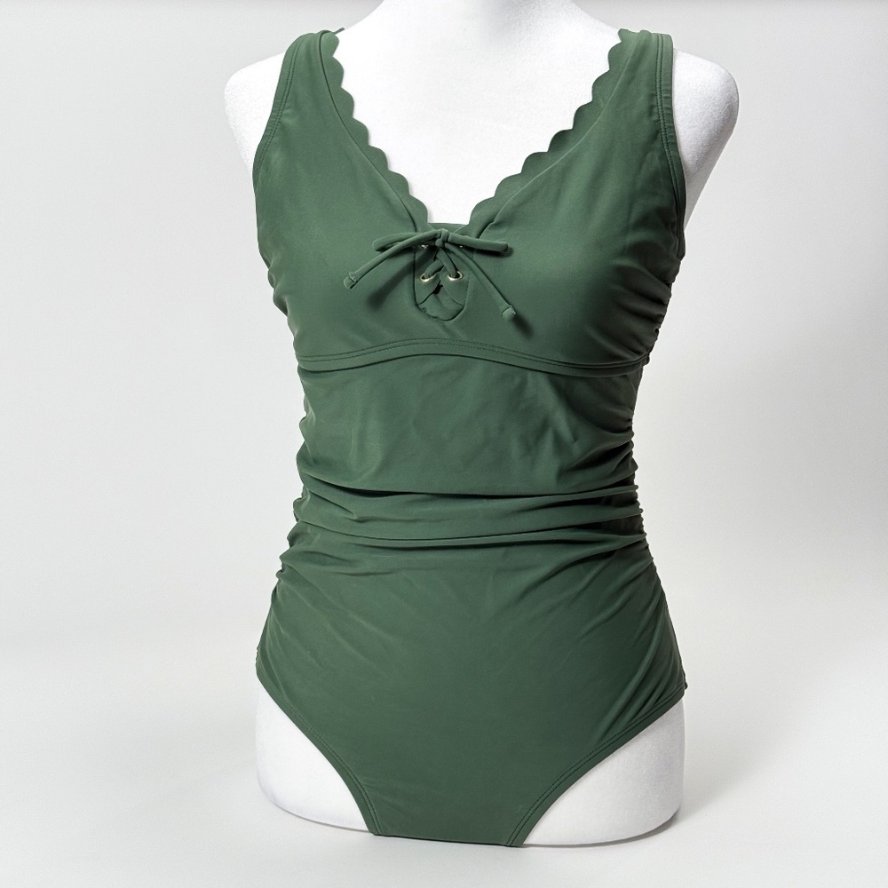 🌿 Kona Sol One Piece Swimsuit in Olive Green Grommet Corset Bust Size Small 🌿